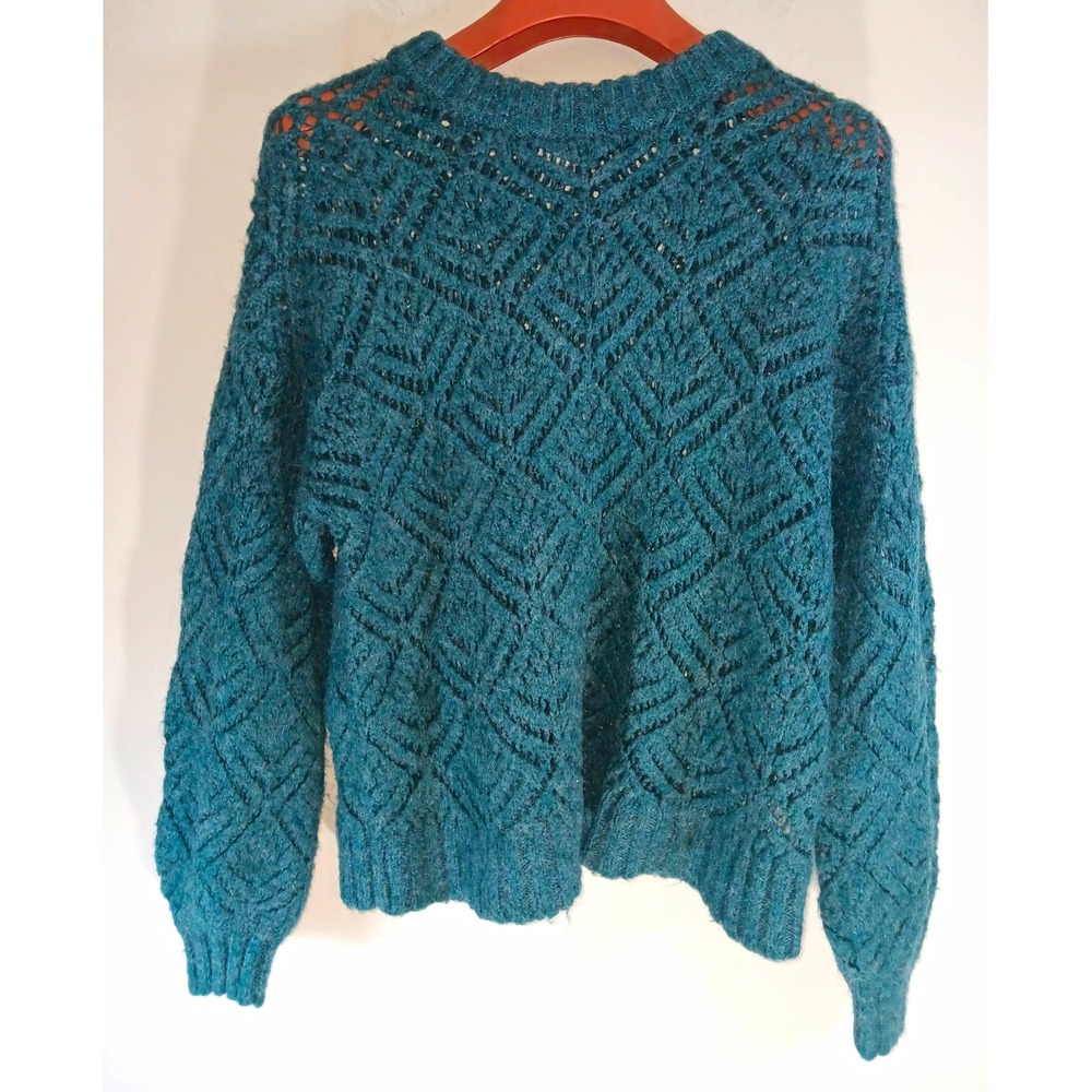 American Eagle Women's Teal Geometric Open-Knit Crew Neck Pullover Sweater S